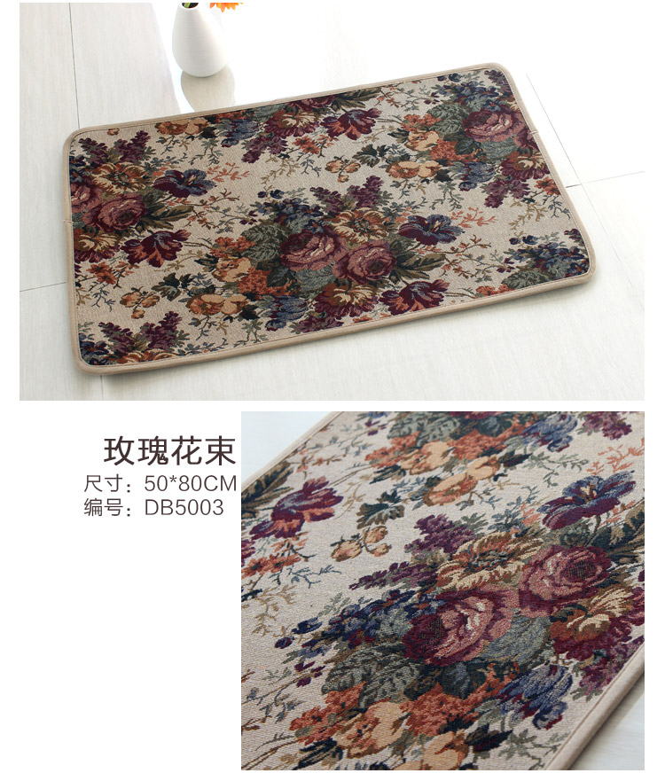 
                                        屋尔美 欧式进门玄关入户地垫 田园风防滑脚垫 家用耐脏垫子门垫 吸水防滑浴室垫 卡其玫瑰 50*80cm                