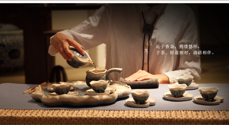 
                                        万仟堂（Edenus） 万仟堂陶瓷茶具套装整套茶具日式功夫6人成套礼盒茶具 秋荷一池 配茶盘-有排水                