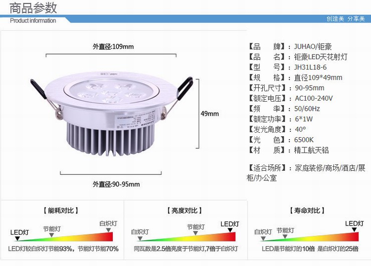 钜豪一体化led大功率天花射灯节能灯背景墙led全铝6W套装31L18-6 1支