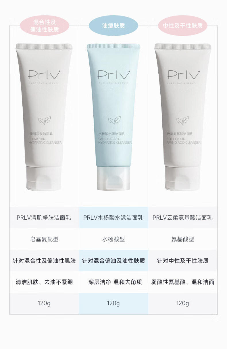 PRLV洗面奶保湿温和清洁毛孔氨基酸洁面乳 水杨酸型--深层清洁*2支装