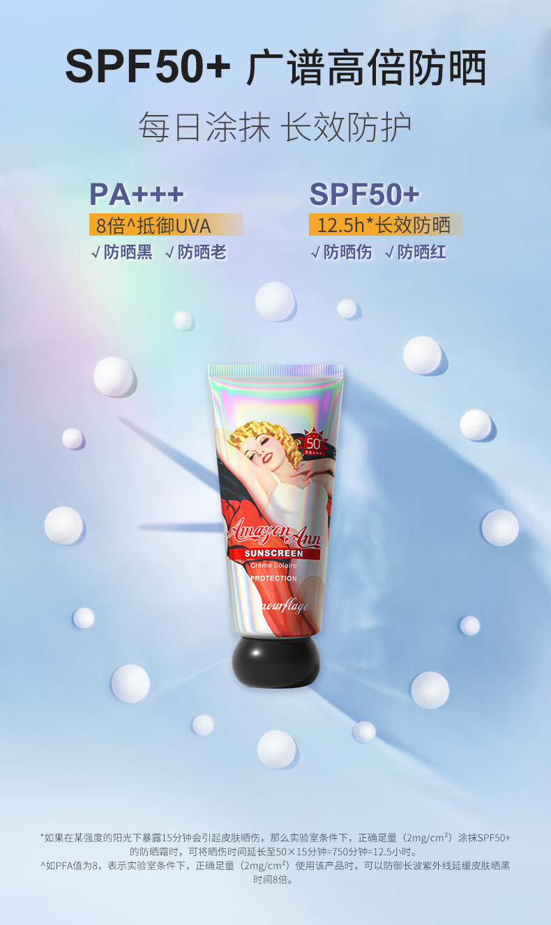 格兰玛弗兰安娜亚马逊防晒霜50mlSPF50+隔离防晒保湿防水防汗学生军训防晒霜 彩虹瓶防晒霜50ml