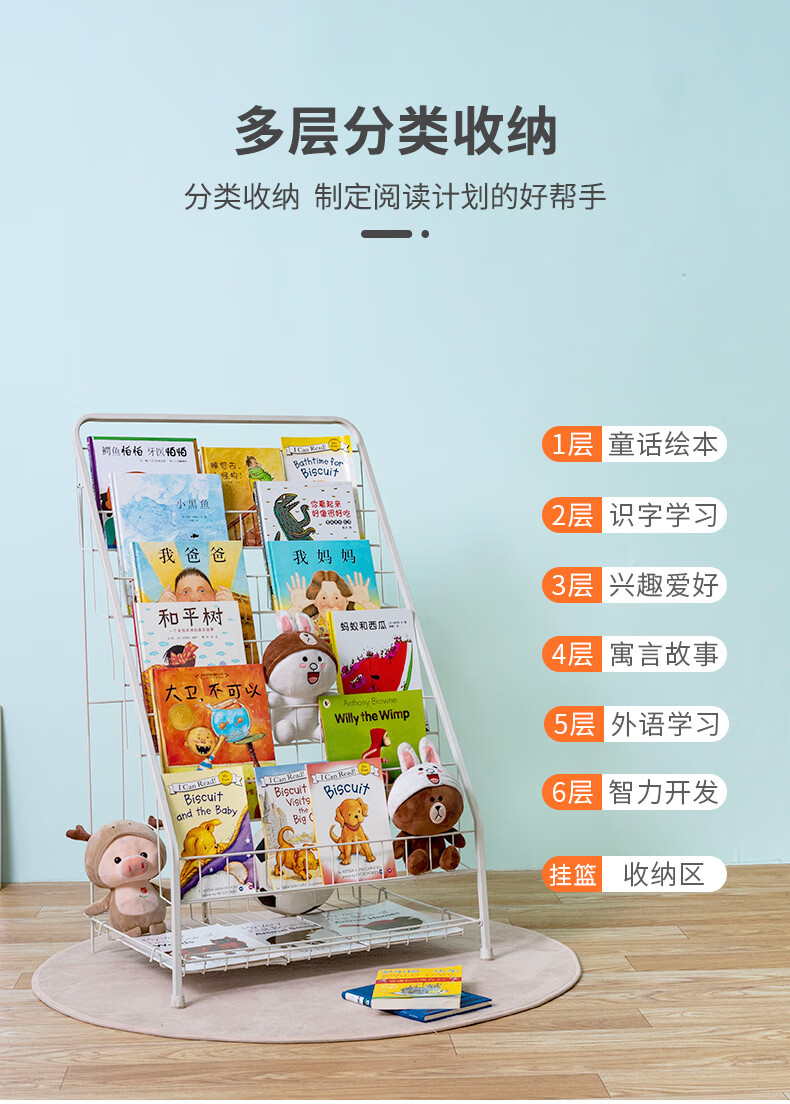 SOFS儿童书架杂志架落地铁艺书报刊展示置物架子 简易宝宝阅读书架柜婴幼儿小学生绘本书架收纳架 M码(5层)/白色 免安装