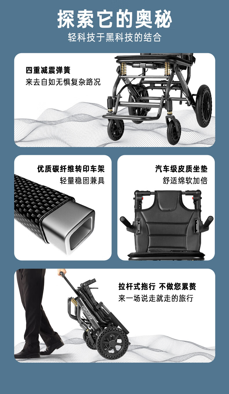 【德国品牌】OWHON 老人轮椅手推折叠轻便小巧出行上飞机旅行残疾人老年人手动四轮车 碳转印标准款【8.8kg+12寸后轮+商家推荐】