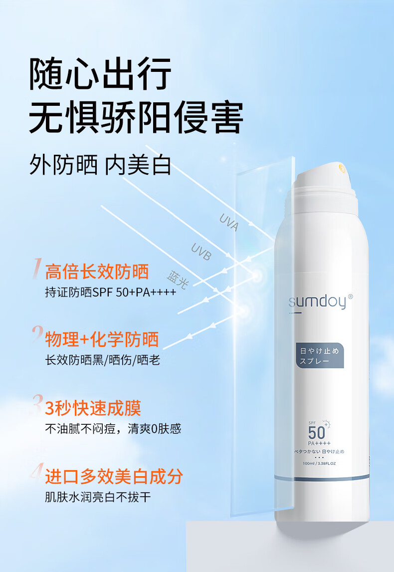 SUMDOY日本进口防晒喷雾防晒霜SPF50+++全身防水户外隔离霜防护儿童女士 【高倍防晒】清爽不黏腻100ml