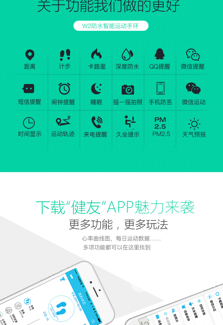 全程通 qct-w2 智能手环 智能腕带 计步器 来电提醒 微信提示 触控