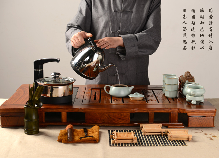 馨铭堂 石瓢壶汝窑茶具 花梨茶盘带电热炉整套功夫茶具套装