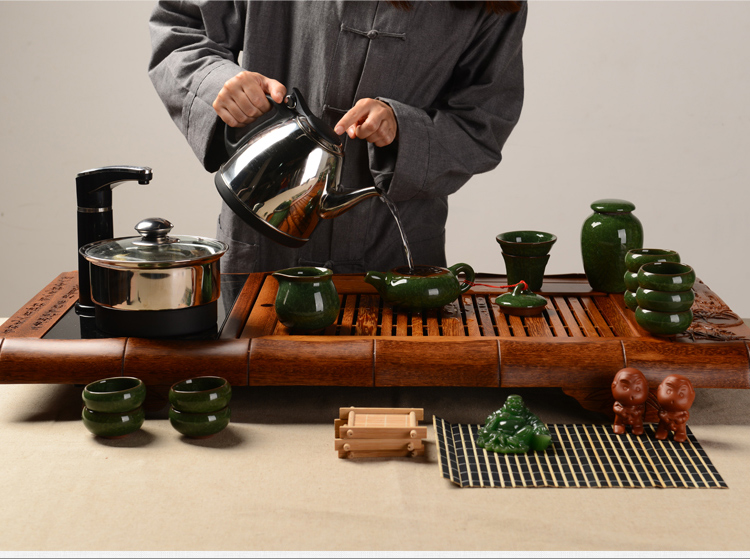馨铭堂 竹叶清风 冰裂釉茶具鸡翅木茶盘带电热炉整套功夫茶具套装