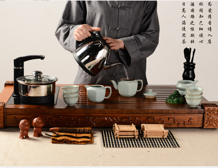 馨铭堂 六角壶汝窑茶具 鸡翅木茶盘带电热炉整套功夫茶具套装