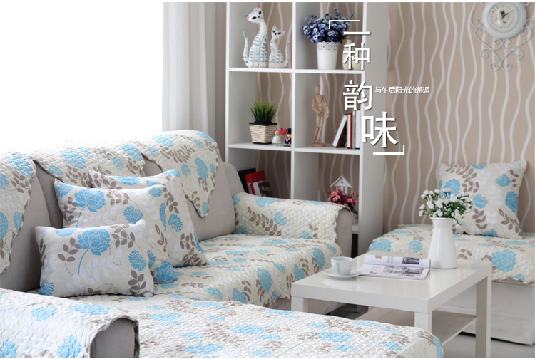
                                        凡米特纯棉沙发垫布艺时尚双面沙发巾坐垫沙发套 蓝莲花 110*210cm                