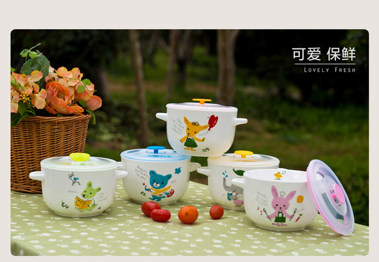 剑林 陶瓷卡通双耳带盖泡面碗饭碗 冬樱 F676XW