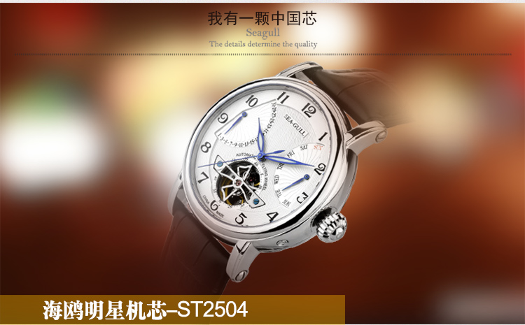 海鸥(seagull)手表 多功能飞轮系列自动机械男表白盘皮带819.316