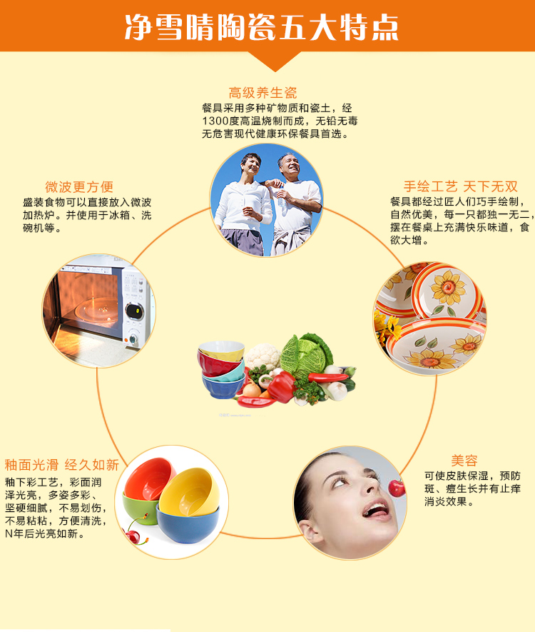 净雪晴欧美风格釉下彩5.5寸陶瓷饭碗微波炉面碗4只套装 4个颜色混装
