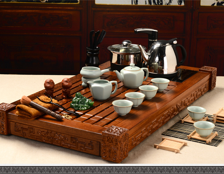 馨铭堂 六角壶汝窑茶具 鸡翅木茶盘带电热炉整套功夫茶具套装