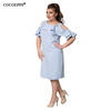 COCOEPPS Fashion Новые сплошные женские платья 2017 Sexy Plus Размер с плечом Женское платье Большой размер Ruffles Sleeve Blue футболка однотонная с открытым плечом