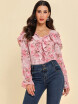 Blusa Para Mujer Volantes Manga Acampanada Estampado Floral Cuello En V Top Dulce