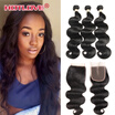 Brazilian Body Wave 3 Bundles With Lace Closure 44 Free Middle Three Part Natural Color 100 Unprocessed Human Hair Extensions