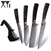 XYj Cuchillo Damasco De 4 Piezas VG10 Núcleo De Acero De Damasco Cuchillo De Cocina Y Afilador De Cuchillos 3 En 1