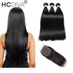 HCDIVA Peruvian Virgin Hair 3 Bundles Straight with Closure Human Hair Extensions 1B Color Bundles with Lace 4x4 Closure