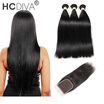 HCDIVA Peruvian Virgin Hair 3 Bundles Straight with Closure Human Hair Extensions 1B Color Bundles with Lace 4x4 Closure