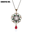 Full Crystal Turkish Women Round Necklaces Antique Resin Jewelry Water Drop Pendant Thin Chain Vintage Flower Wedding Bijoux