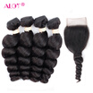 ALot Hair Natural Black Remy Virgin Peruvian Loose Wave Hair 4 Bundles With Closure Human Hair Bundles With Lace Top Closure