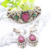 Vintage Turkish Women Hollow Flower Water Drop Resin Bangle Long Hook Carve Earring Retro Bride Ethnic Jewelry Set Bracelet Cuff