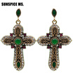 Elegent Vintage Turkish Women Cross Long Dangle Earrings Antique Gold Color Resin Rhinestone Multicolor Ethnic Religion Jewelry