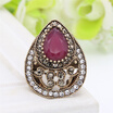 Vintage Turkish Hollow Flower Finger Rings Women Water Drop Resin Crystal Rings Antique Gold Color Jewelry Ethnic Wedding Ring
