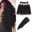 YS HAIR Deep Wave Brazilian Virgin Hair 4 Bundles with Free Part Lace Closure Unprocessed Human Hair Black Color