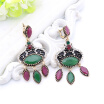 Ethnic Turkish Women Blue Resin Long Drop Hook Earrings Arab Jewelry Antique Gold Color Vintage Earrings India Bridal Jewelry