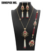 Gorgeous Wedding Beaded Jewelry Sets For Women Bridal Ethnic Bead Nekclace Long Tassels Earring Flower Bracelet Adjust Bead Ring
