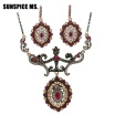 Vintage Turkish Bride Flower Jewelry Sets Women Resin Hook Dangle Earrings Lace Necklace Oval Pendant Antique Gold Color Bijoux