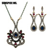Vintage Turkish Flower Heart Resin Jewelry Sets Women Antique Gold Color Crystal Long Hook Earrings Necklace India Bride Bijoux