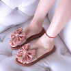 Summer womens casual wear flat flower slippers leather cowhide bow beach shoes handmade word big flower slippers shoes