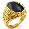 Hpolw New Fashion Mens Large Natural Classic Oval black stone Onyx Crystal Golden Stainless Steel Ring