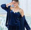 Aria aliya pajamas women spring&autumn long-sleeved gold velvet Korean sexy sling can be worn outside home service three-piece suit ALY20042-1 navy blue XL