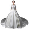 Satin Illusion Pearls 12 Sleeves Sash Hollow Jewel A Line Wedding Gown