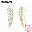 100 925 Sterling Silver Trendy Leaf Earrings for Women Blue Color Crystal Cuff Ear Clip Earing Fashion Jewelry Accessories 2018