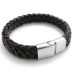 Hpolw Brown Leather Mens Bracelet Bangle Stainless Steel Clasp - 8" 85" 9"