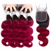 HCDIVA Hair Brazilian Hair Body Wave 4 Bundles With Closure Ombre Human Hair Bundles With Lace Closure 1BBurgundy Virgin