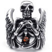 Hpolw Mens silver&black Stainless Steel skullskeleton crystal Ring&Gothic Angel Wing Feather Skull rubies ring