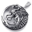 Hpolw Classic Trendy Jewelry Mens Gothic Tribal Dragon circular Stainless Steel Hollow PendantsBlack Silver18-26 inch Chain