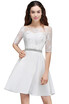 A Line Jewel White Short Sleeve Satin Homecoming Dresses With Lace
