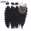 9A Malaysian Deep Wave Virgin Hair With Lace Closure 3 Bundles Malaysian Curly Human Hair Weave And Closure 4Pcs Lot Natural Black