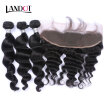 8A Brazilian Loose Wave Virgin Hair With Lace Frontal Closure 3 Bundles Wavy Curly Human Hair Weave Closure 4Pcs Lot Natural Black