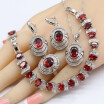 925 Logo Silver Jewelry Sets For Women Red Garnet White Topaz Necklace Pendant Bracelets Earrings Rings