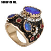 Unique Turkish Women Big Natrual Stones Rings Antique Gold Color Black Enamel Relief Ethnic Wedding Love Rings Jewelry Gifts New