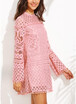 Women Elegant Sheer Lace Pom Trims O Neck Long Sleeve Lined Party Mini Dress Homecoming Dress