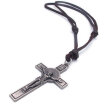 Hpolw Mens Vintage Style Jesus Crucifixion Cross Pray Pendants Brown Genuine Leather Cord Necklace ChainChristmas present