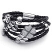 Hpolw women black&silver Stainless SteelLeather Clover Charms Braided crystal Bracelet